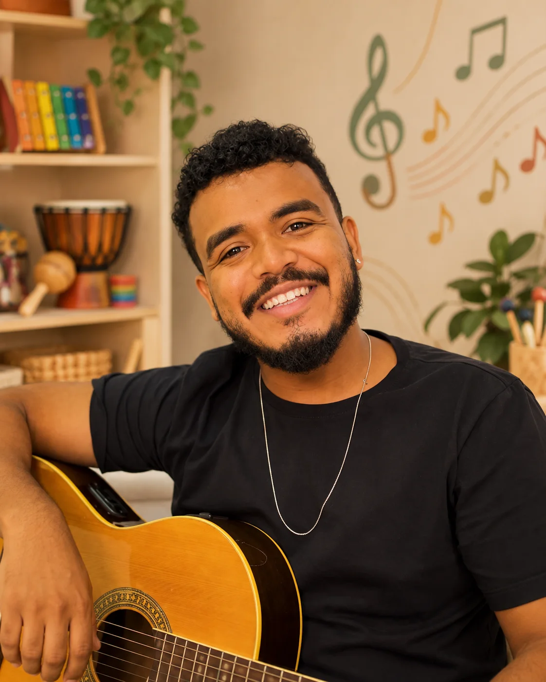 Davi Santos com um violão em um ambiente com instrumentos musicais