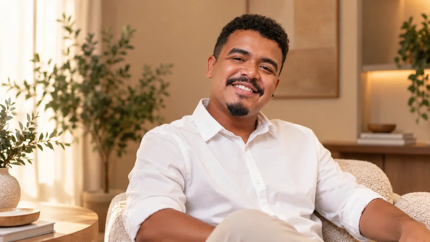 Davi Santos sentado em um ambiente acolhedor